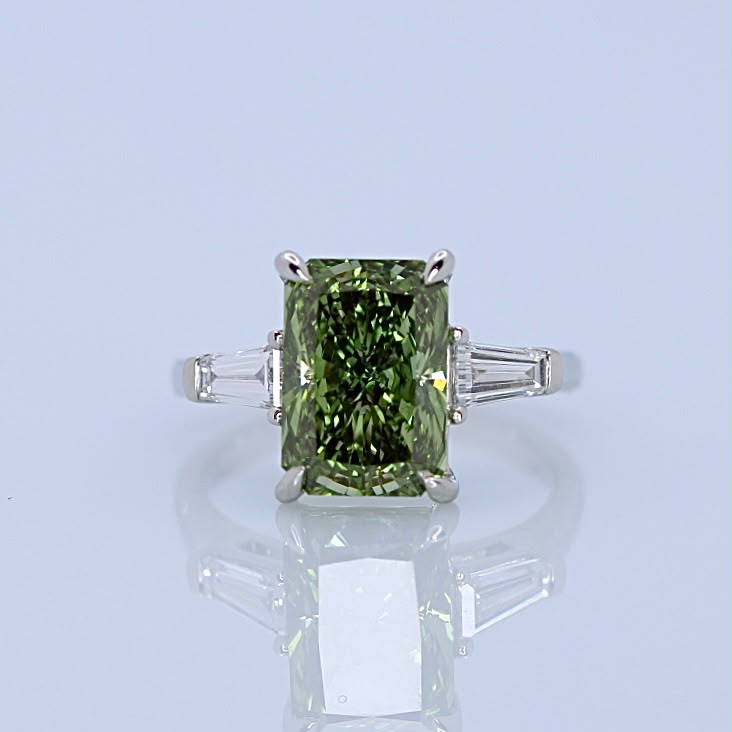 4.00ct Green Diamond Ring with tapered baguette shoulders